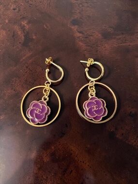 CHANEL UPCYCLED Gold Hoop Earrings with Purple Camellia Drops